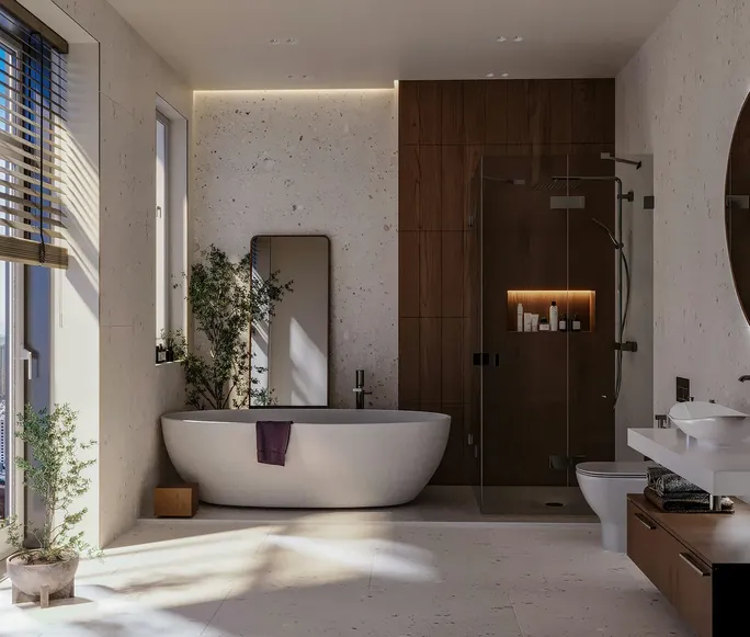 A modern bathroom with a freestanding white bathtub, a glass shower with wood paneling, a wall-mounted vanity, and houseplants by the window.