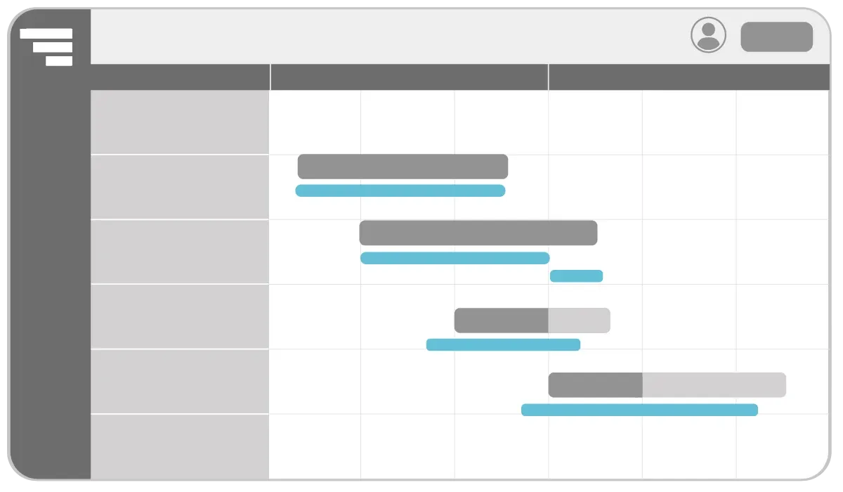 A simplified Gantt chart illustration showing a series of gray task bars, each with a thinner blue bar directly below it. The blue bars are visually highlighted to represent baseline dates, allowing comparison between the original schedule and current progress.