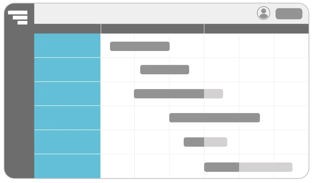 A simplified illustration of a Gantt chart interface. The task list column on the left is highlighted in blue to emphasize its role in organizing project phases and deliverables. Gray bars on the right represent tasks aligned on a timeline.