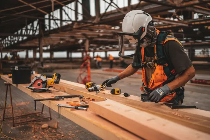A worker in a white helmet, face shield, and orange vest measuring a wooden beam on a workbench with a circular saw and power tools.