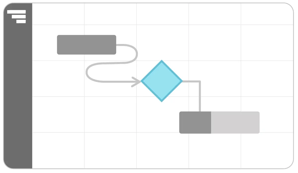 A simplified Gantt chart illustration showing a task bar leading into a blue diamond icon, which connects to another task. The blue diamond highlights a project milestone, placed between dependent tasks on the timeline.
