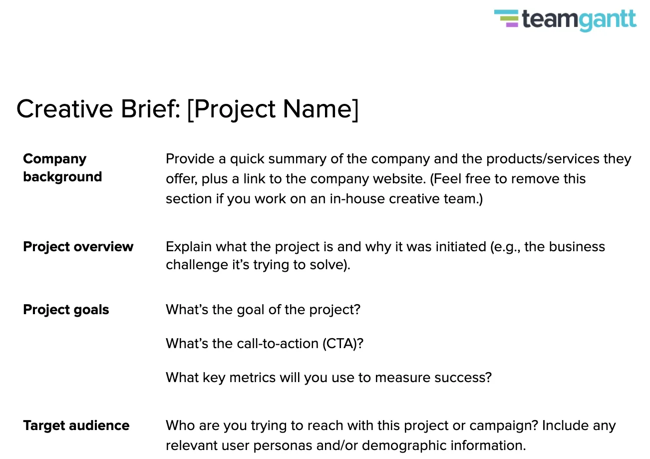 screenshot of creative brief template example