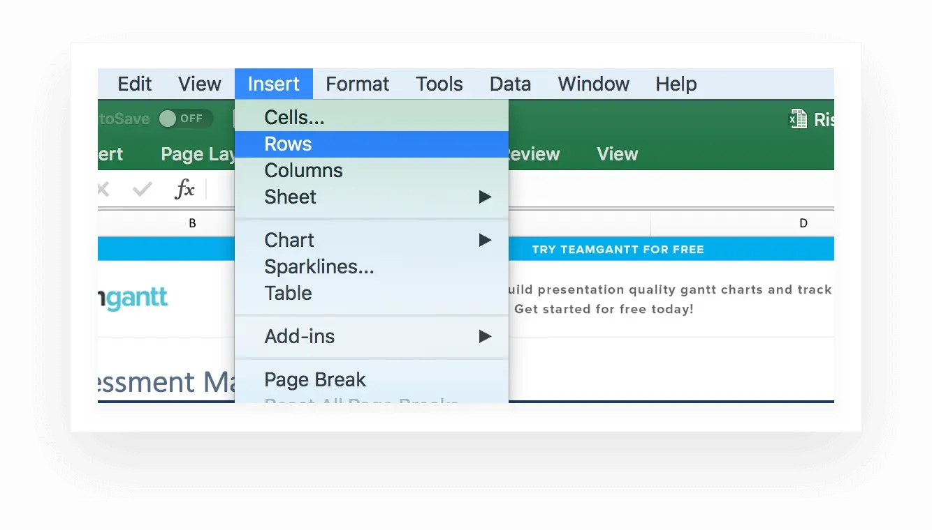 Inserting a new row into your risk assessment template