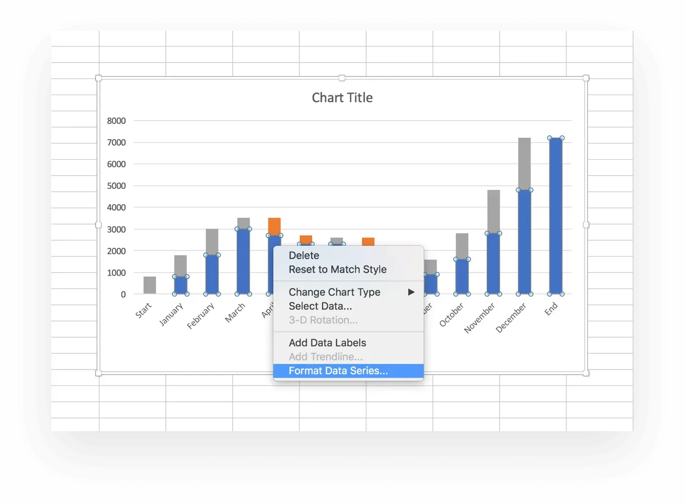 Format data series to turn your stacked chart into a waterfall chart in Excel
