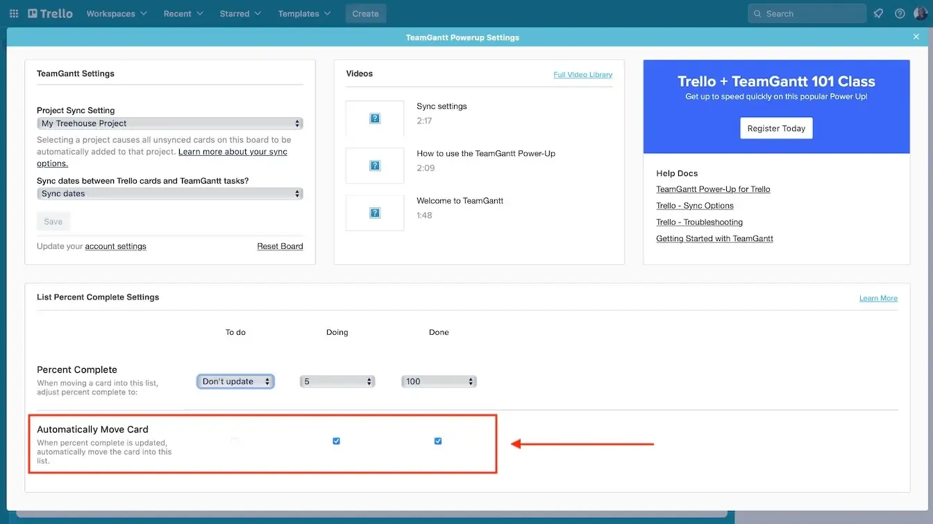 List Percent Complete Settings with Automatically Move Card option selected for the Doing and Done columns