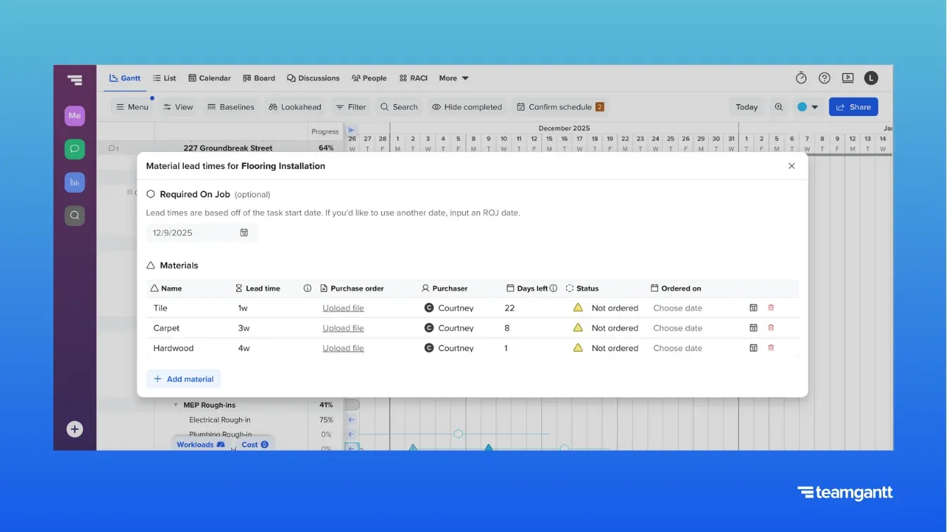 Material tracking window in TeamGantt for the task “Flooring Installation.” Three materials—Tile, Carpet, and Hardwood—are listed in a table with columns for lead time, purchase order, purchaser, days left, status, and ordered date. Each row shows Courtney as the purchaser and a yellow triangle icon with the status “Not ordered.” The “Add material” button appears below the list, and the ROJ date is set to 12/9/2025 at the top.