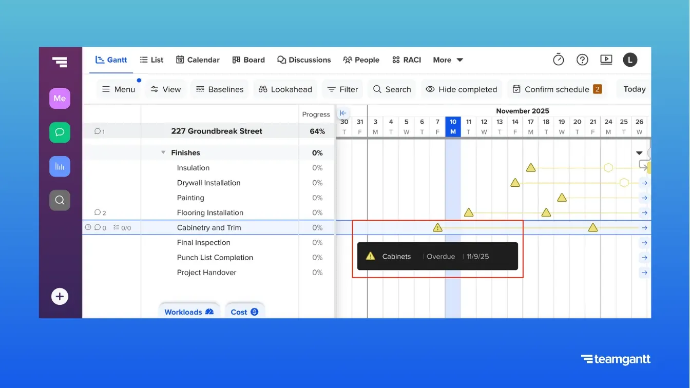 TeamGantt gantt chart showing the “Cabinetry and Trim” task with a warning icon next to the task bar. A tooltip is expanded, displaying material tracking info for “Cabinets” with an overdue status and the date 11/9/25. Several other yellow triangle icons appear across the timeline, each indicating different material statuses. A white hexagon marks a Required On Job date for another task.
