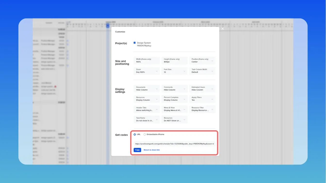 Screenshot of the customization options available for sharing a read-only link of the project timeline with external clients. You can control the size and positioning of the gantt chart and select various display settings to control the view clients see.