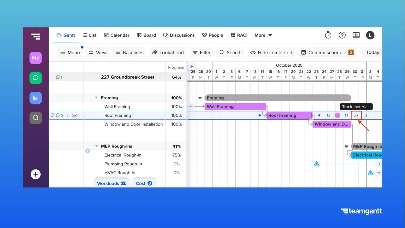 TeamGantt Gantt chart displaying a construction task titled “Roof Framing” in the timeline. A gray triangle icon appears to the right of the task bar with a visible tooltip labeled “Track materials.” The interface also shows task bars and progress indicators for related tasks like “Wall Framing” and “Window and Door Installation.”