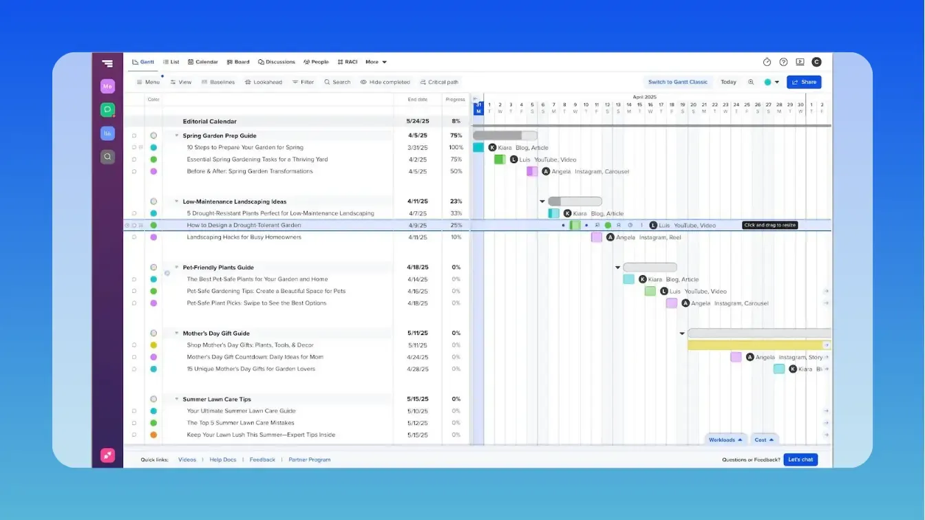An example of a gantt chart for content marketing that's structured with task groups for each topical theme and task groups representing each topic or piece of content that will be published. The timeline shows the date of publication for each content piece on the calendar, and the tasks are color-coded based on content type or format.