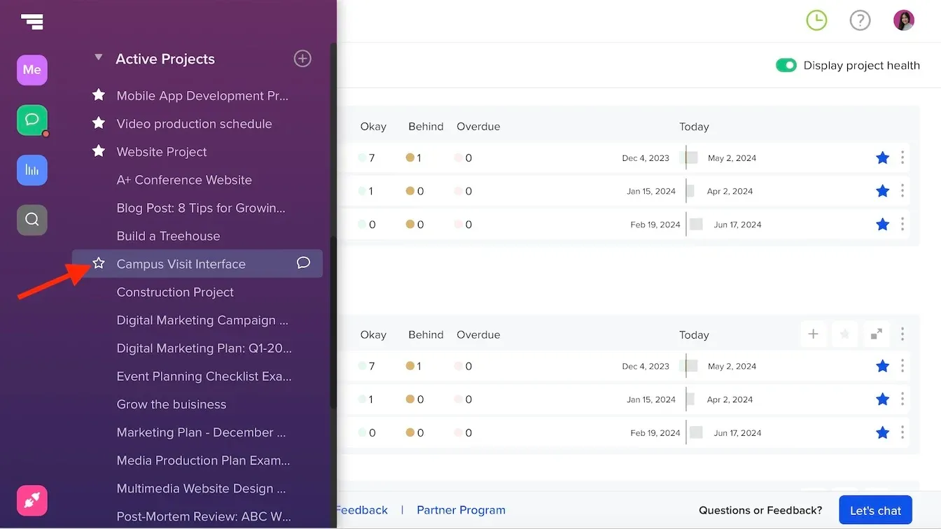 Screenshot of how to star favorite projects in TeamGantt