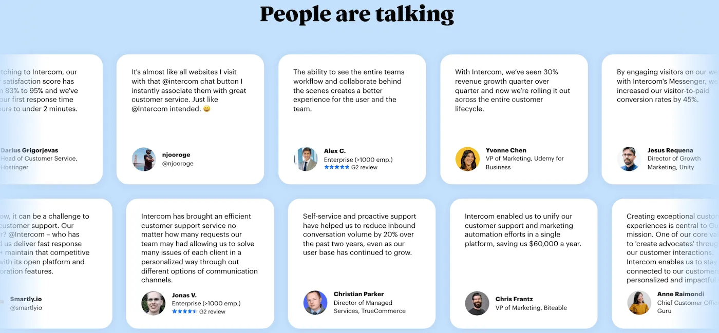 Examples of client testimonials from the website of product company Intercom