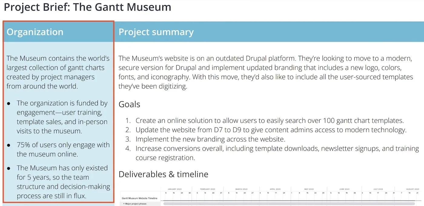 Organization Example: The Gantt Museum contains the world’s largest collection of gantt charts created by project managers from around the world. The organization is funded by engagement—user training, template sales, and in-person visits to the museum. 75% of users only engage with the museum online. The Museum has only existed for 5 years, so the team structure and decision-making process are still in flux.