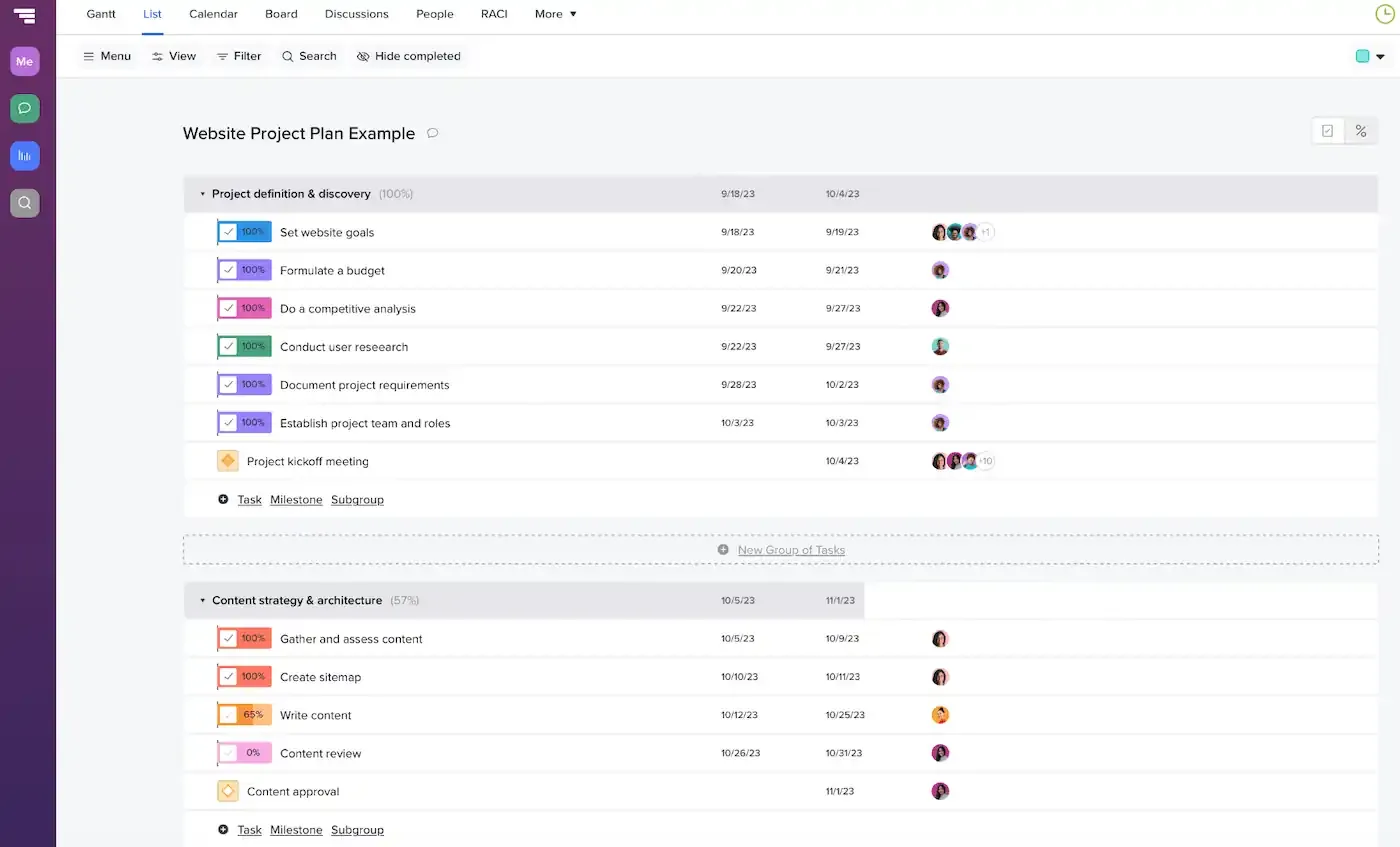 Example of List view for a website project plan in TeamGantt
