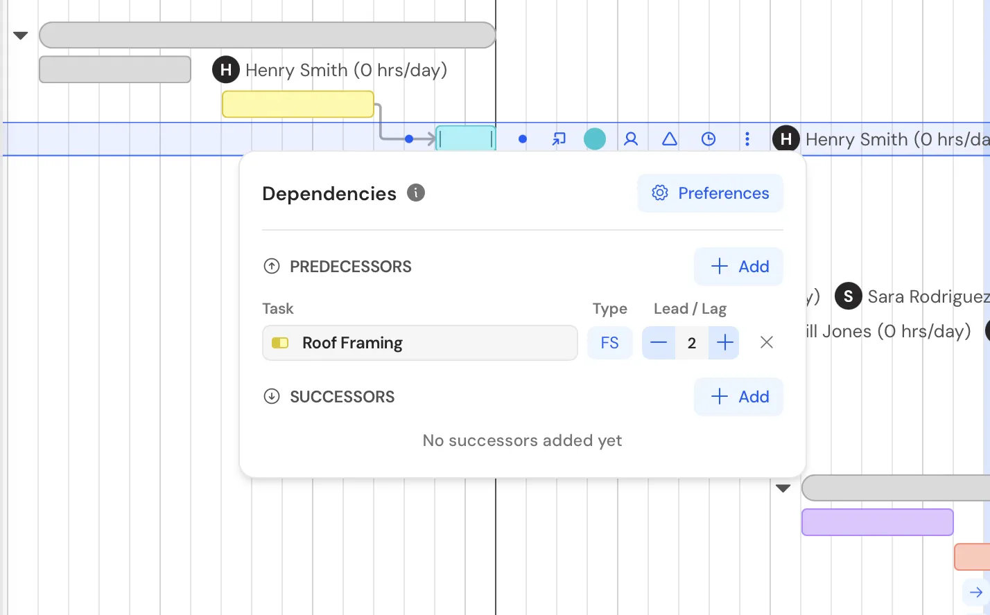Project management interface showing dependencies for the task "Roof Framing" with Henry Smith's schedule and no successors added.
