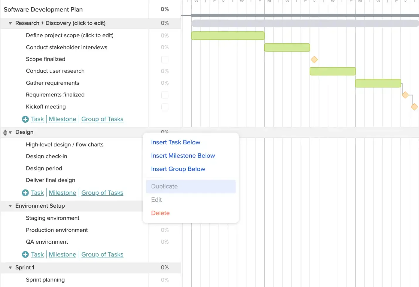 Duplicating task groups in your software development gantt chart to make planning easier