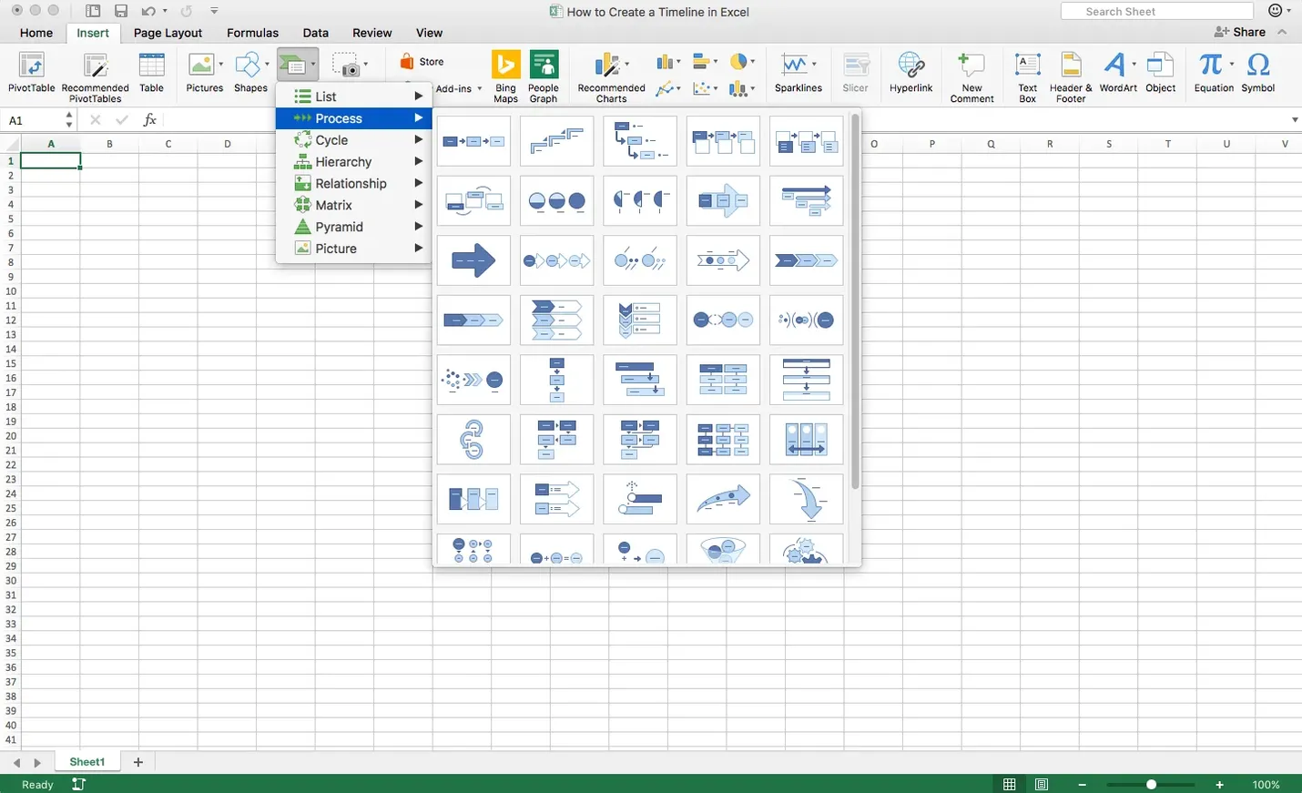 Screenshot of how to insert a project timeline into Excel