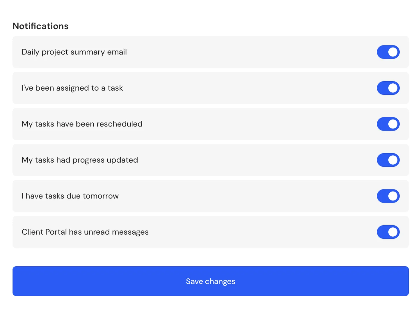 Notification settings screen with six toggles, all set to on, and a "Save changes" button at the bottom.