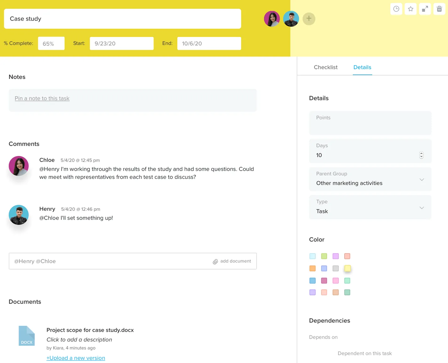 screenshot of TeamGantt's task detail featuring discussion and file upload features