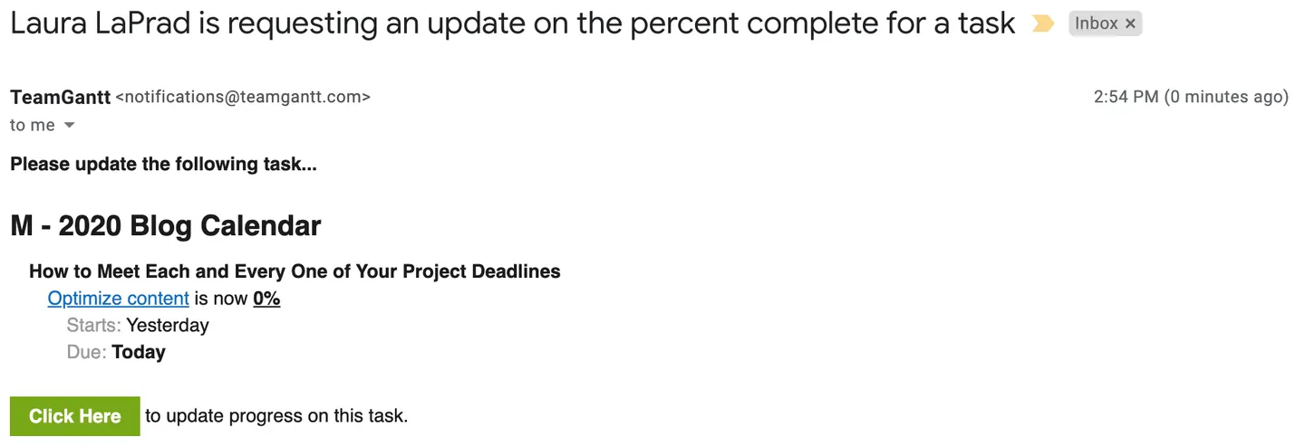 email notification asking for progress update