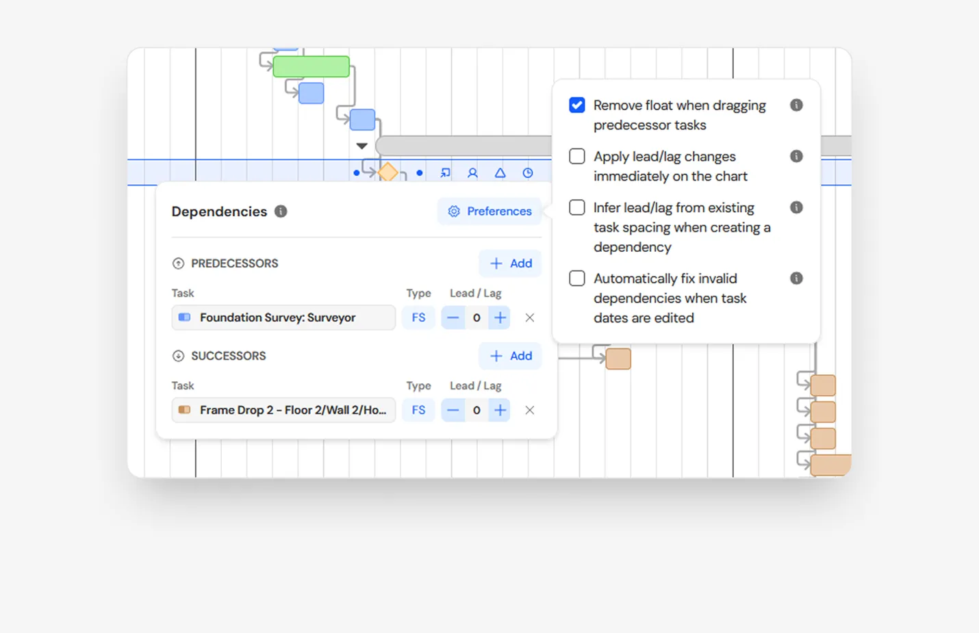 Project management software interface showing task dependencies, predecessors, successors, and options for managing lead/lag and dependencies.