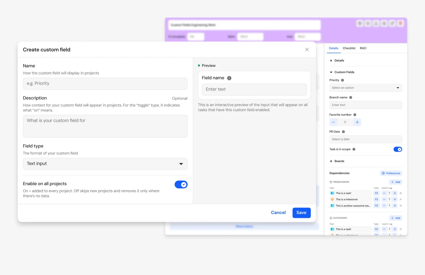 Create custom field interface with options for name, description, field type, and toggle to enable across projects. Includes a preview section.