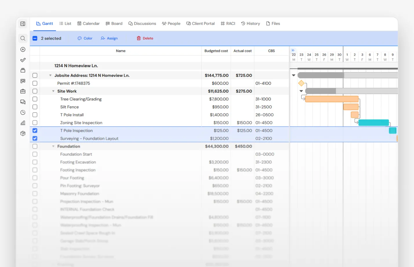 Project management software screenshot showing a Gantt chart with tasks, budgeted and actual costs, and CBS codes for a construction job.
