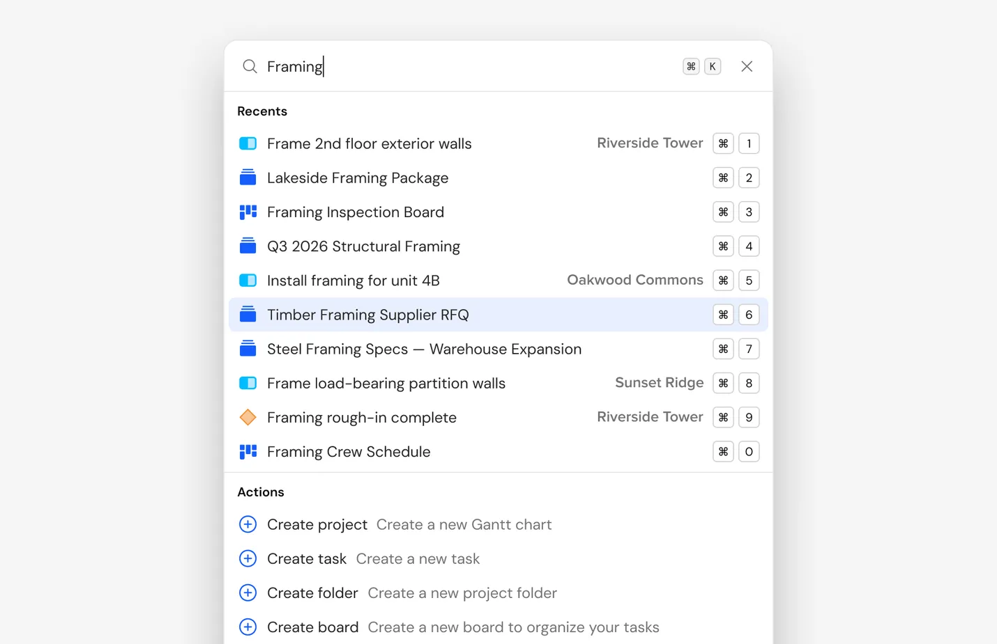 Search interface displaying recent framing-related projects and actions like creating a project, task, or folder.