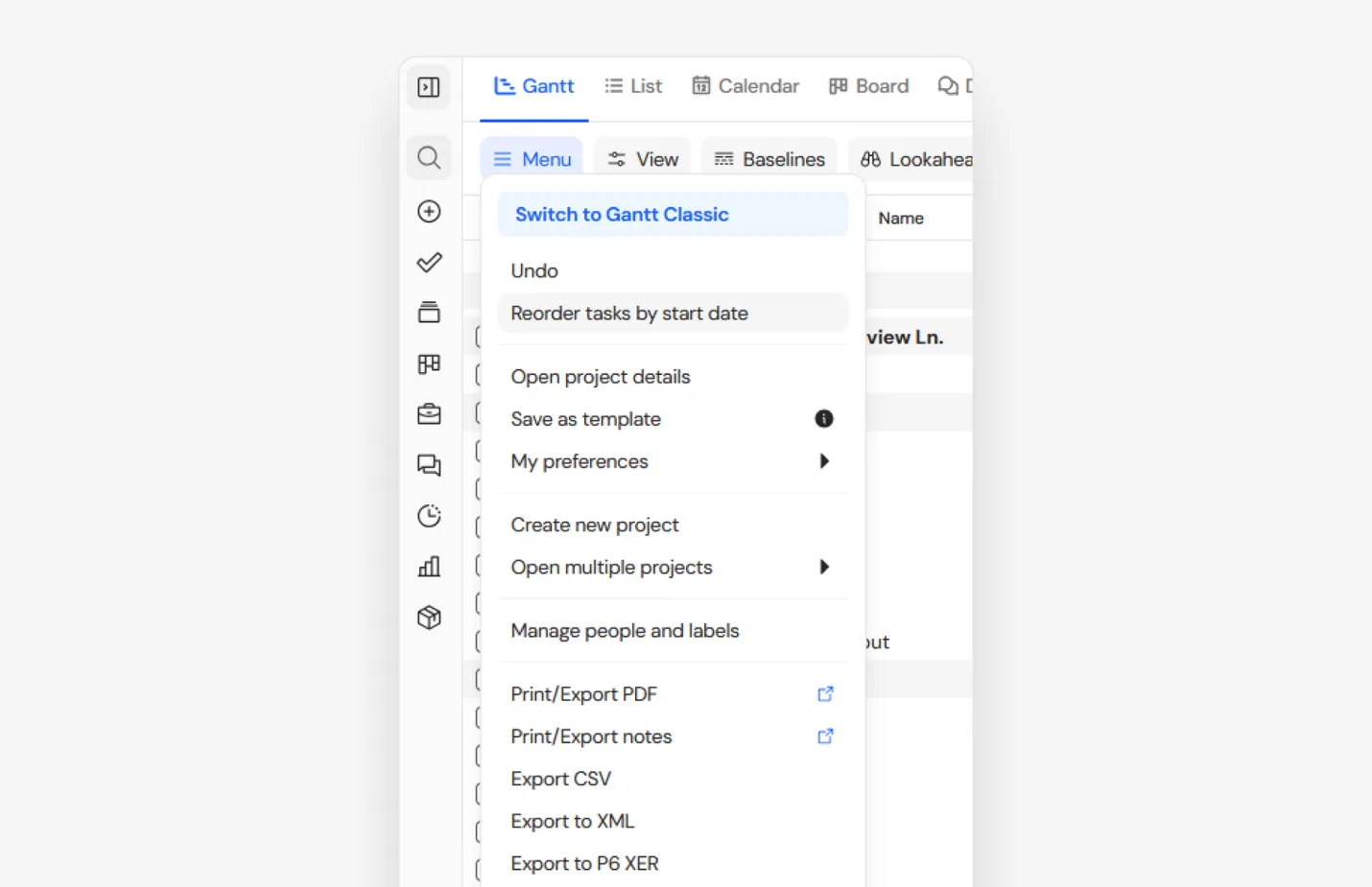 Dropdown menu from a Gantt chart application showing options like switching to Gantt Classic, undo, reorder tasks, export formats, and managing projects.