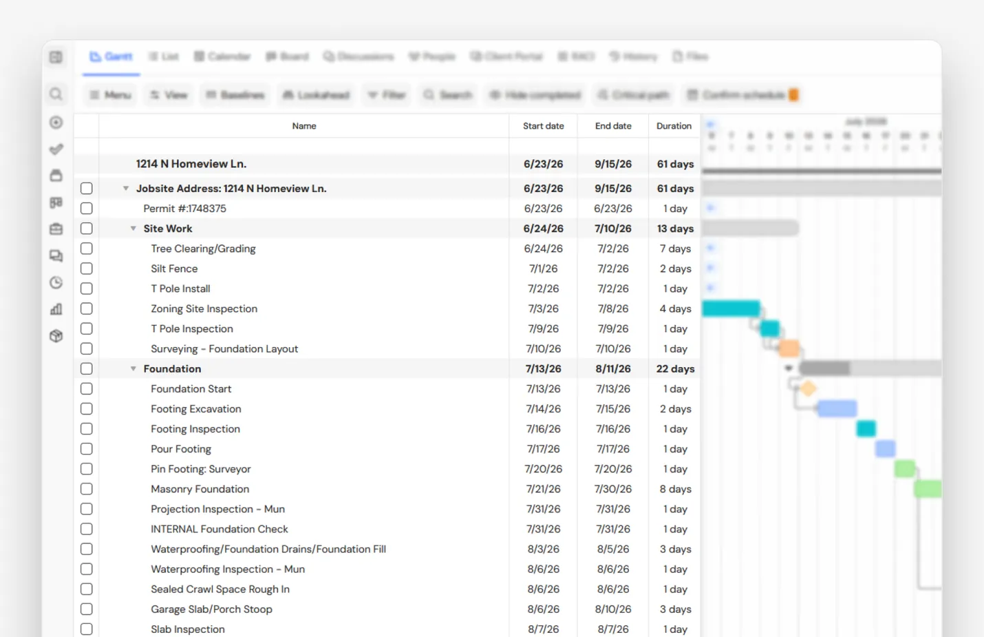 Gantt chart with construction project timeline, showing tasks like "Tree Clearing" and "Foundation Start," with start and end dates and durations.