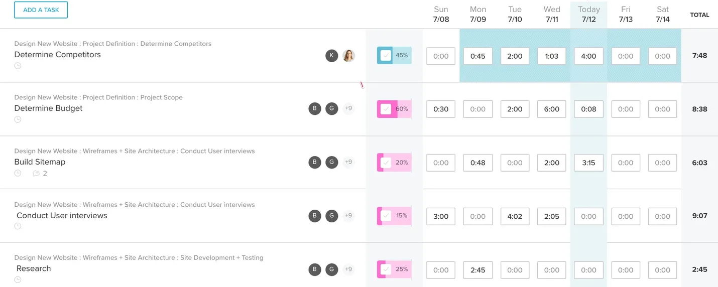 Time sheet example for resource management tracking