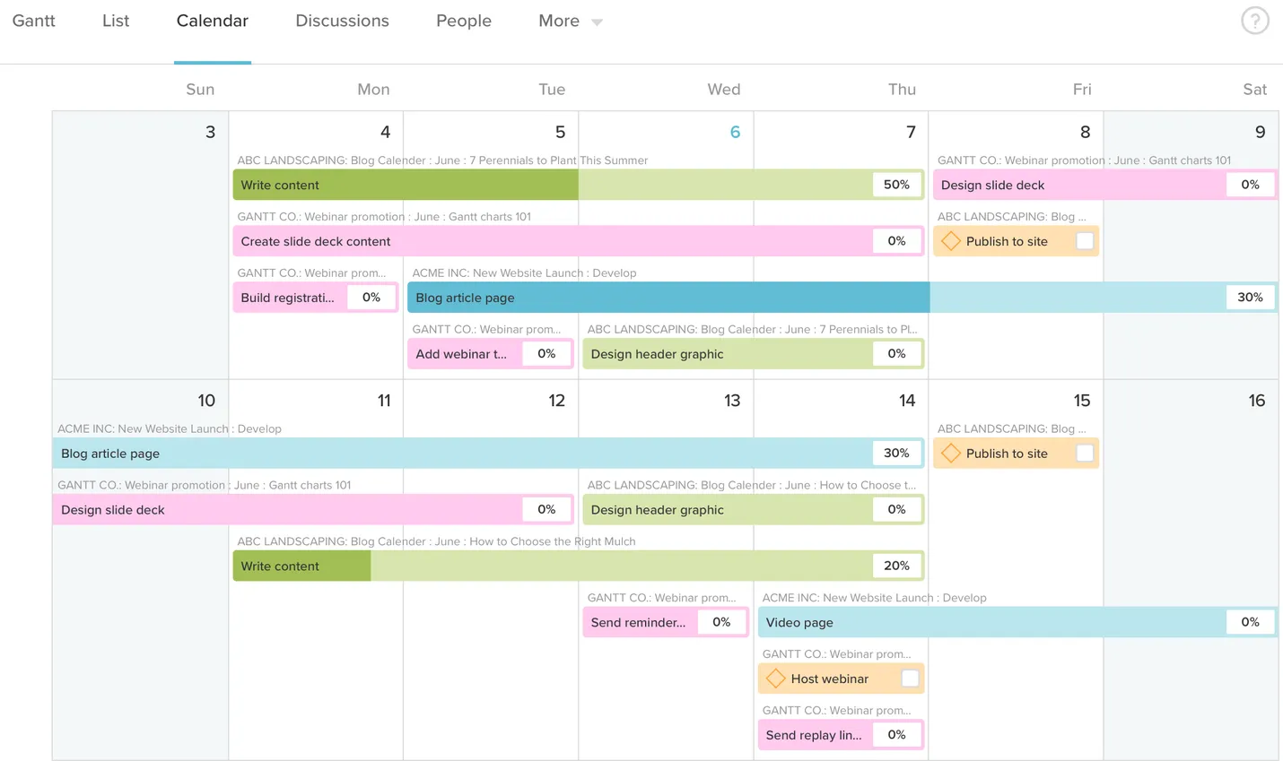 Calendar view of project in TeamGantt