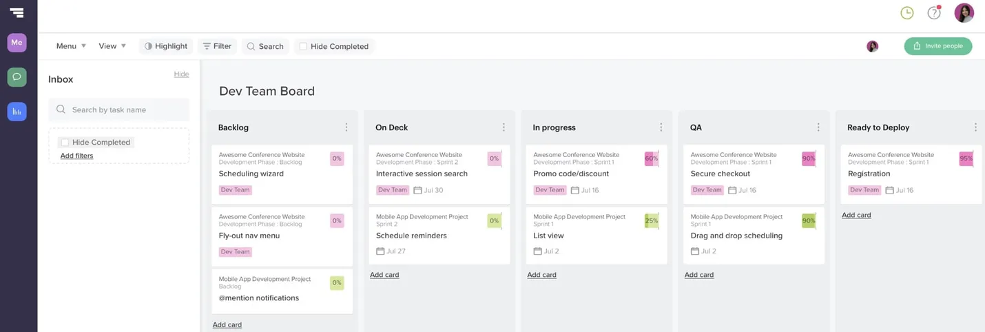 Custom kanban board in TeamGantt for managing Agile sprints in a hybrid project plan