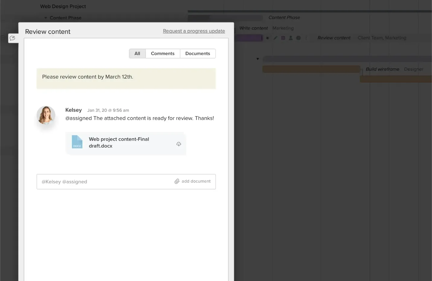 Example of TeamGantt's discussion feature for a web development project