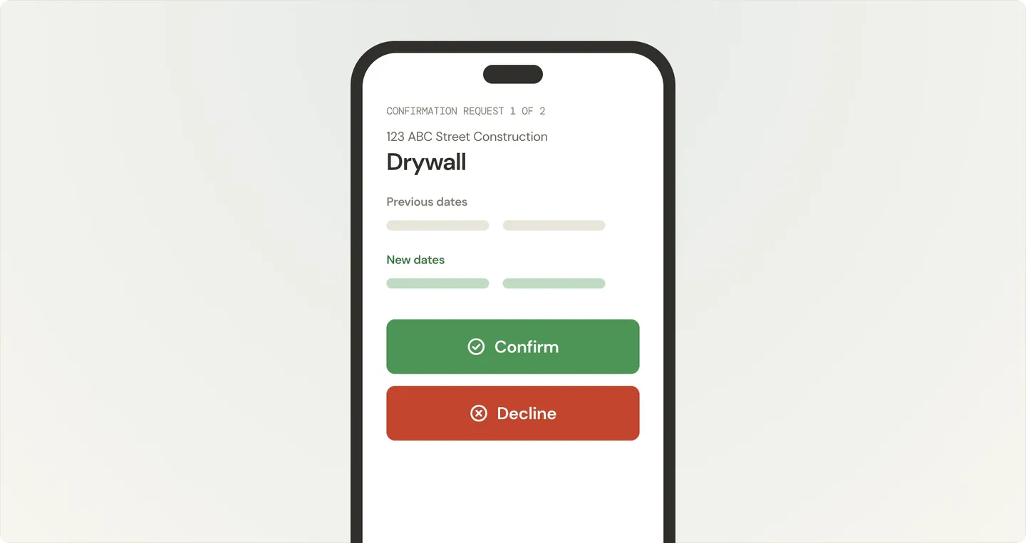 A smartphone screen displays a drywall schedule confirmation with "123 ABC Street Construction" at the top, "Confirm" and "Decline" buttons below.