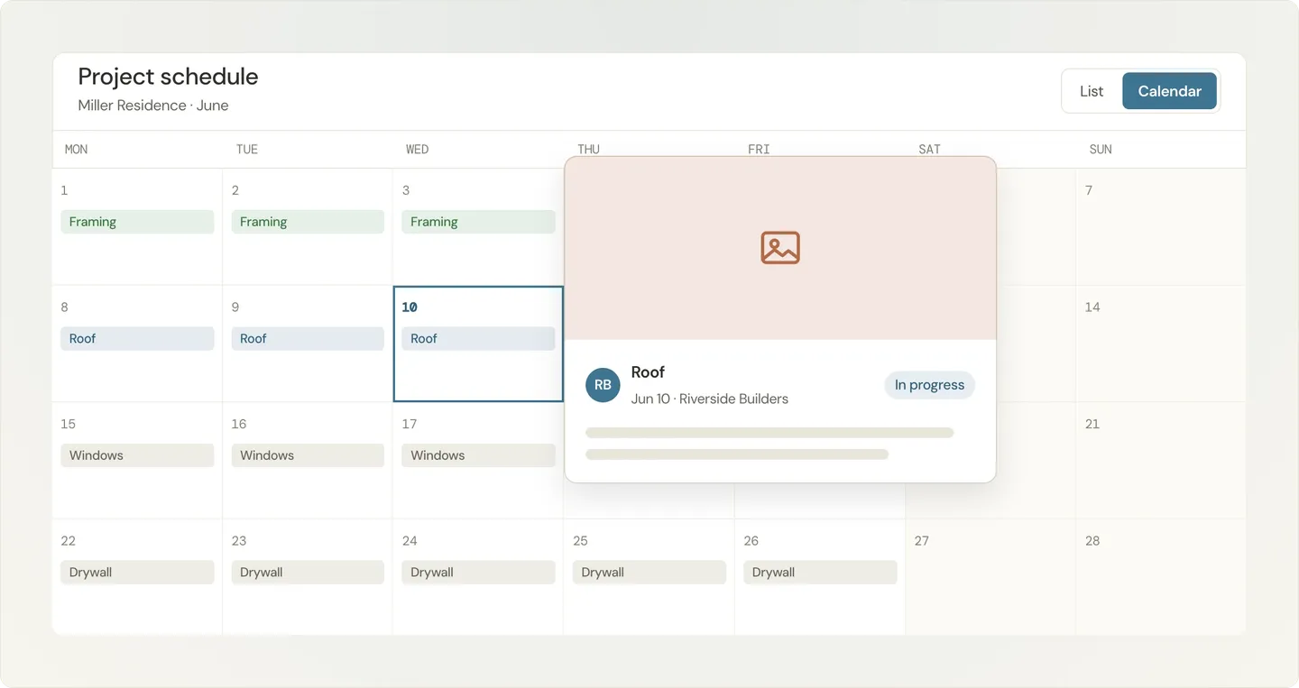 Project schedule calendar for June, showing construction tasks: framing, roof, windows, drywall. Popup highlights roof task on June 10th, in progress.