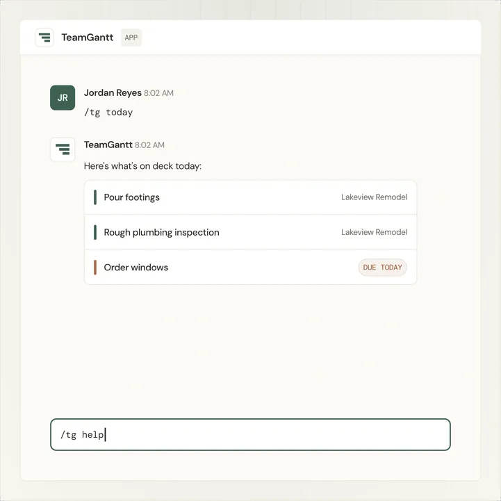 Illustration of a Slack direct message where typing /tg today returns a list of today's TeamGantt tasks