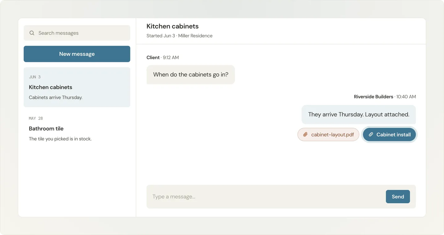 Messaging app interface showing a conversation about kitchen cabinet installation. Includes a message with an attached layout PDF.