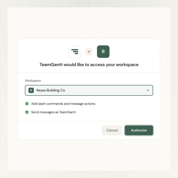 Illustration of the Slack authorization screen with a workspace selected, the requested permissions, and the Authorize button highlighted
