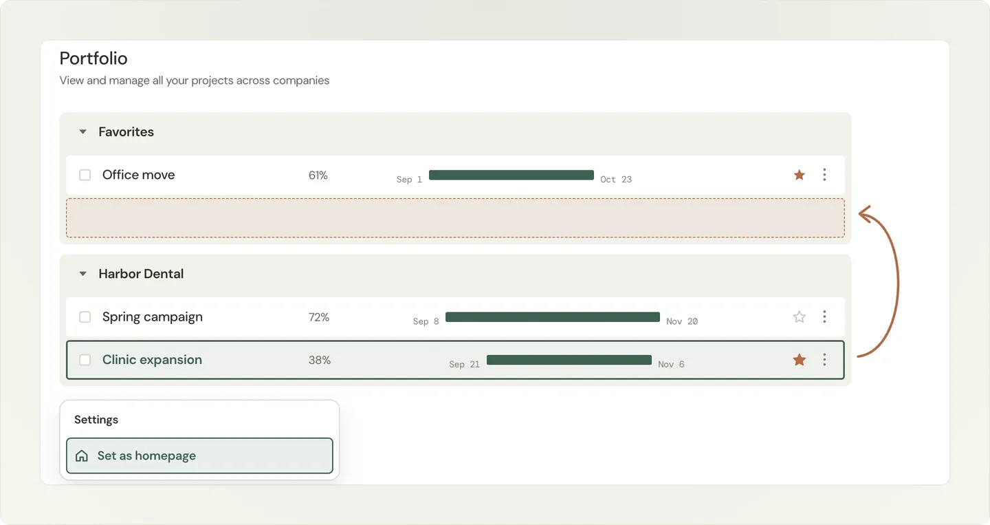 Dashboard showing project portfolio with progress bars for "Office move," "Spring campaign," and "Clinic expansion." Options to set as homepage.