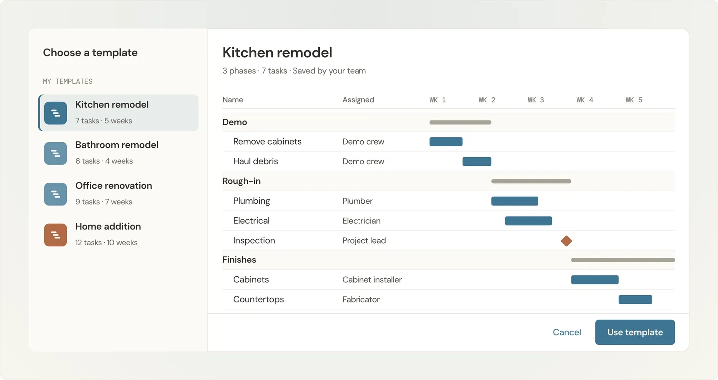 Illustration of a saved kitchen remodel template with standard phases, tasks, and trade assignments ready to start a new job