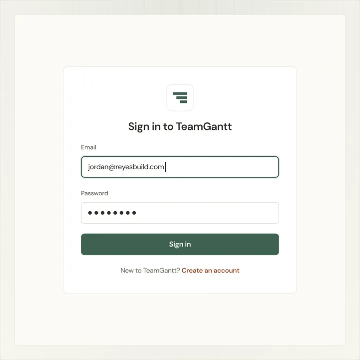 Illustration of the TeamGantt sign-in form with email and password fields and a link to create an account