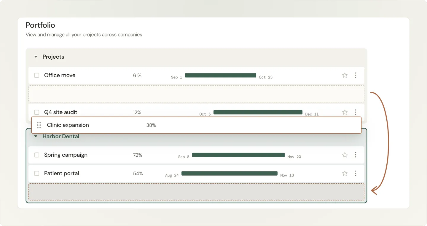 A portfolio management interface showing a list of projects with progress bars and percentage completion, including "Clinic expansion" at 38%.