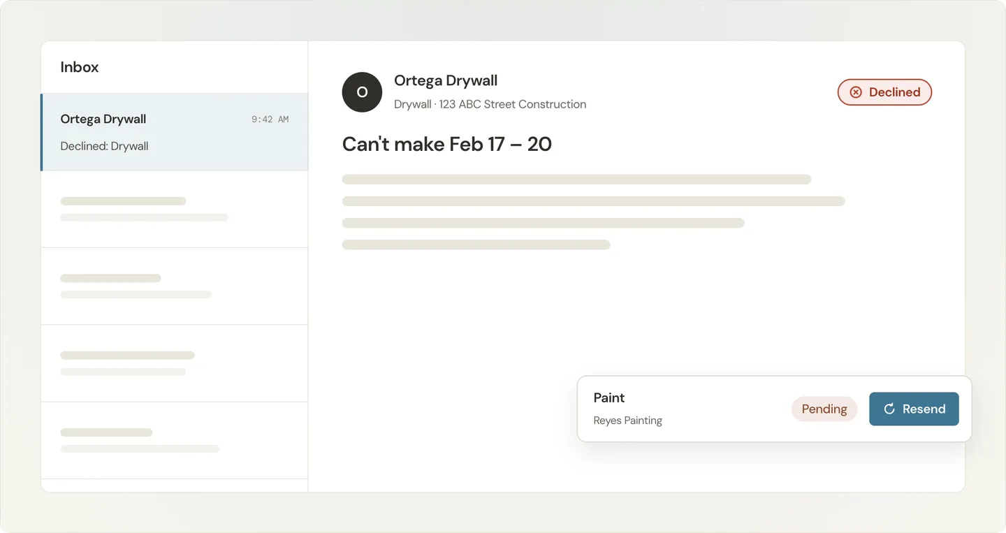 Message interface showing a declined note from Ortega Drywall, stating unavailability from Feb 17-20. Option to resend is visible.