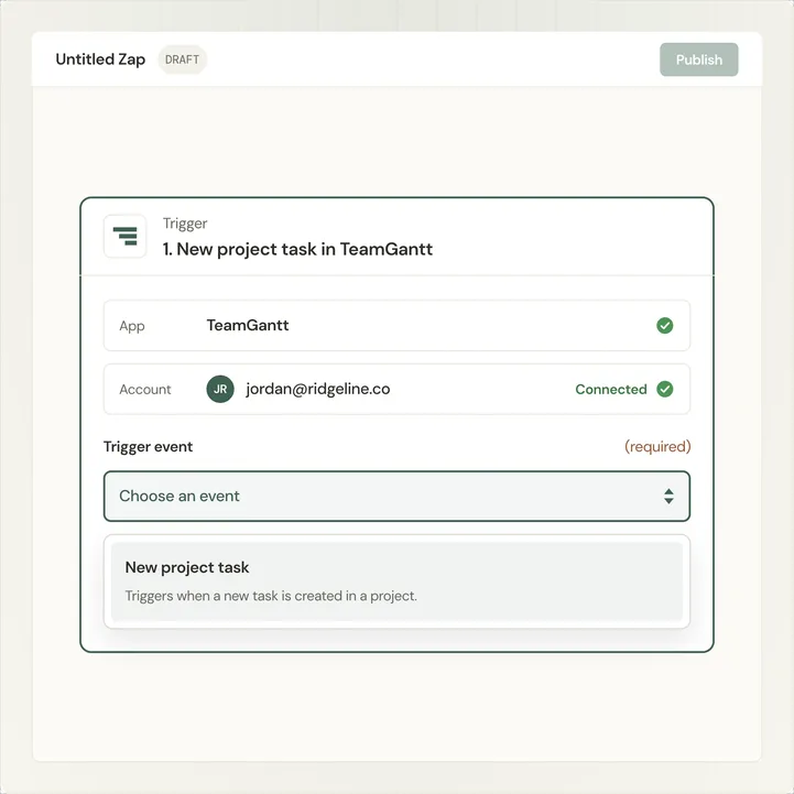 Illustration of a TeamGantt account connected to a Zap, with New project task selected as the trigger event
