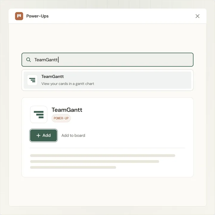 Illustration of the Trello Power-Up directory with TeamGantt found in search and an Add button to install it on a board