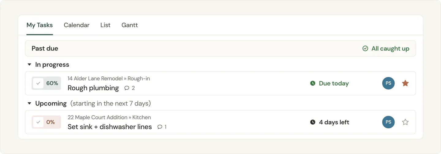 Illustration of a My Tasks list showing one person's in-progress and upcoming tasks across two projects