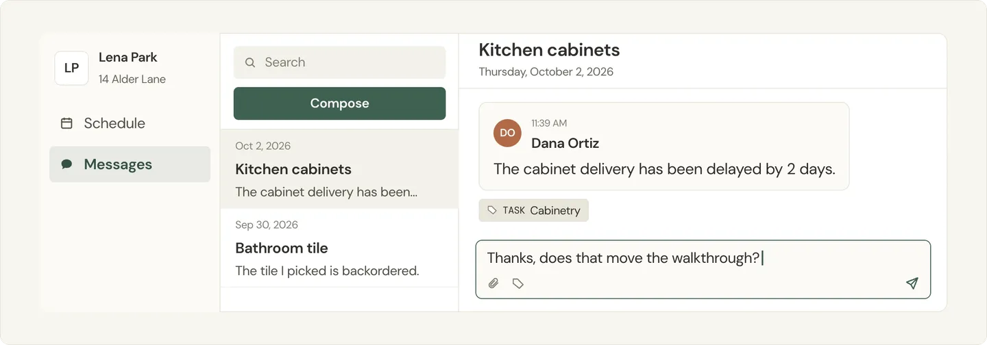 Illustration of a client portal Messages tab where a client replies to a project update tagged to a task