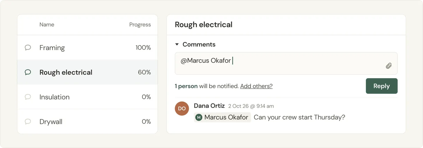 Illustration of a task comment thread where a teammate is tagged and a reply is being written