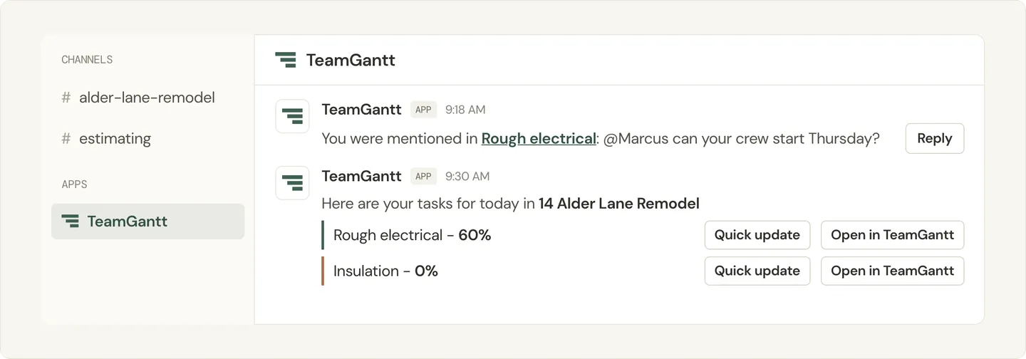 Illustration of TeamGantt sending a mention alert and today's task updates to a team chat app